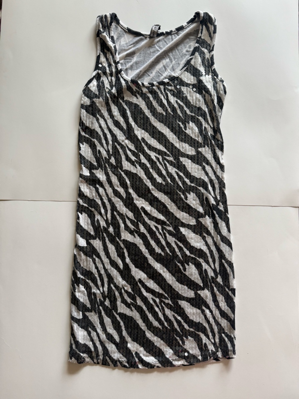 Sleeveless Zebra Print Sequin Tank Dress - Black & White